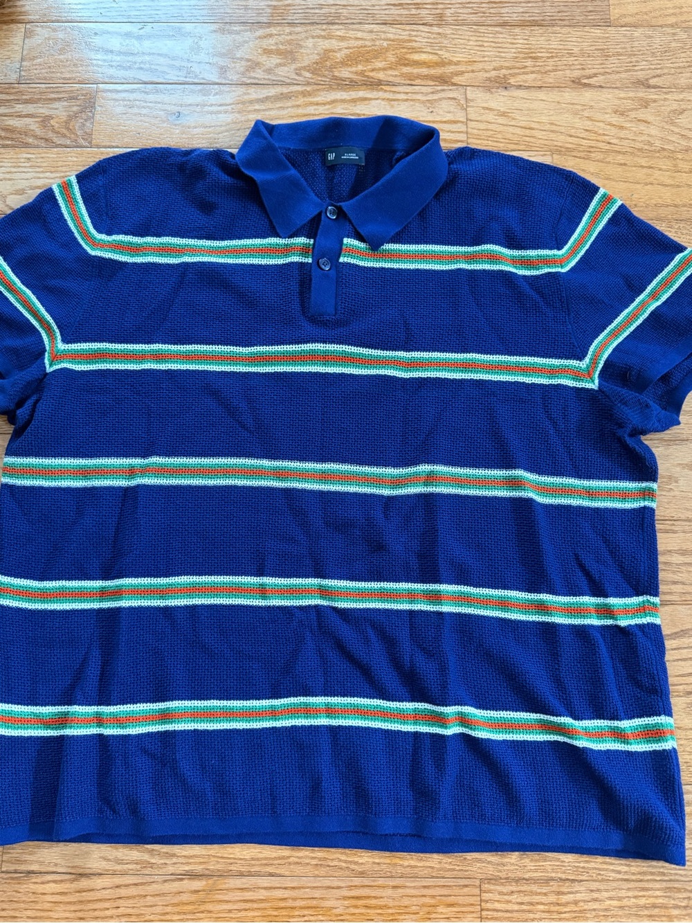 GAP Textured Crochet Polo Sweater Mens XL Short Sleeve Blue Stripe